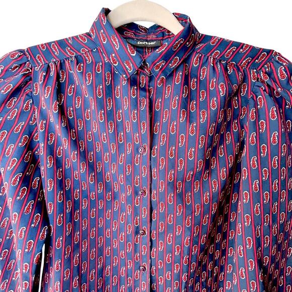 Vintage Paisley Blouse Puffy Sleeves Navy Red Silky Button Up Size Small - Picture 1 of 11